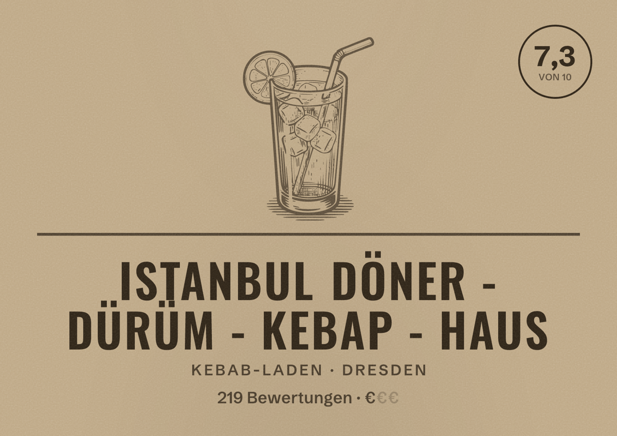 Illustriertes Poster von Istanbul Döner - Dürüm - Kebap - Haus, Kebab-Laden in Dresden: Bewertung 7,3 von 10 aus 219 Bewertungen, Preisniveau €