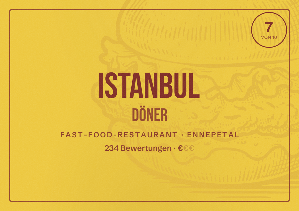 Illustriertes Poster von Istanbul Döner, Fast-Food-Restaurant in Ennepetal: Bewertung 7 von 10 aus 234 Bewertungen, Preisniveau €