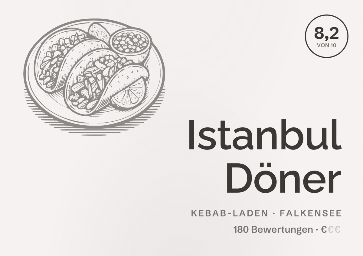 Illustriertes Poster von Istanbul Döner, Kebab-Laden in Falkensee: Bewertung 8,2 von 10 aus 180 Bewertungen, Preisniveau €