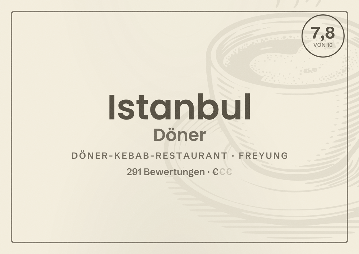 Illustriertes Poster von Istanbul Döner, Döner-Kebab-Restaurant in Freyung: Bewertung 7,8 von 10 aus 291 Bewertungen, Preisniveau €