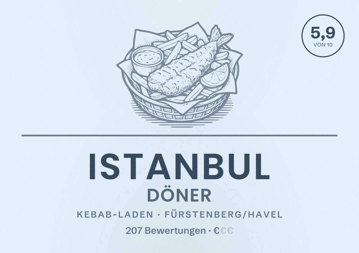 Illustriertes Poster von Istanbul Döner, Kebab-Laden in Fürstenberg/Havel: Bewertung 5,9 von 10 aus 207 Bewertungen, Preisniveau €