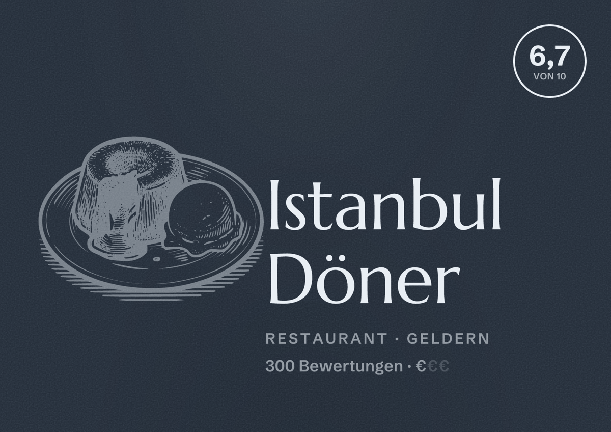 Illustriertes Poster von Istanbul Döner, Restaurant in Geldern: Bewertung 6,7 von 10 aus 300 Bewertungen, Preisniveau €
