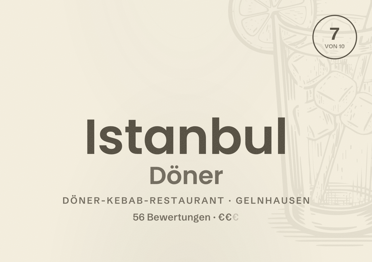 Illustriertes Poster von Istanbul Döner, Döner-Kebab-Restaurant in Gelnhausen: Bewertung 7 von 10 aus 56 Bewertungen, Preisniveau €€