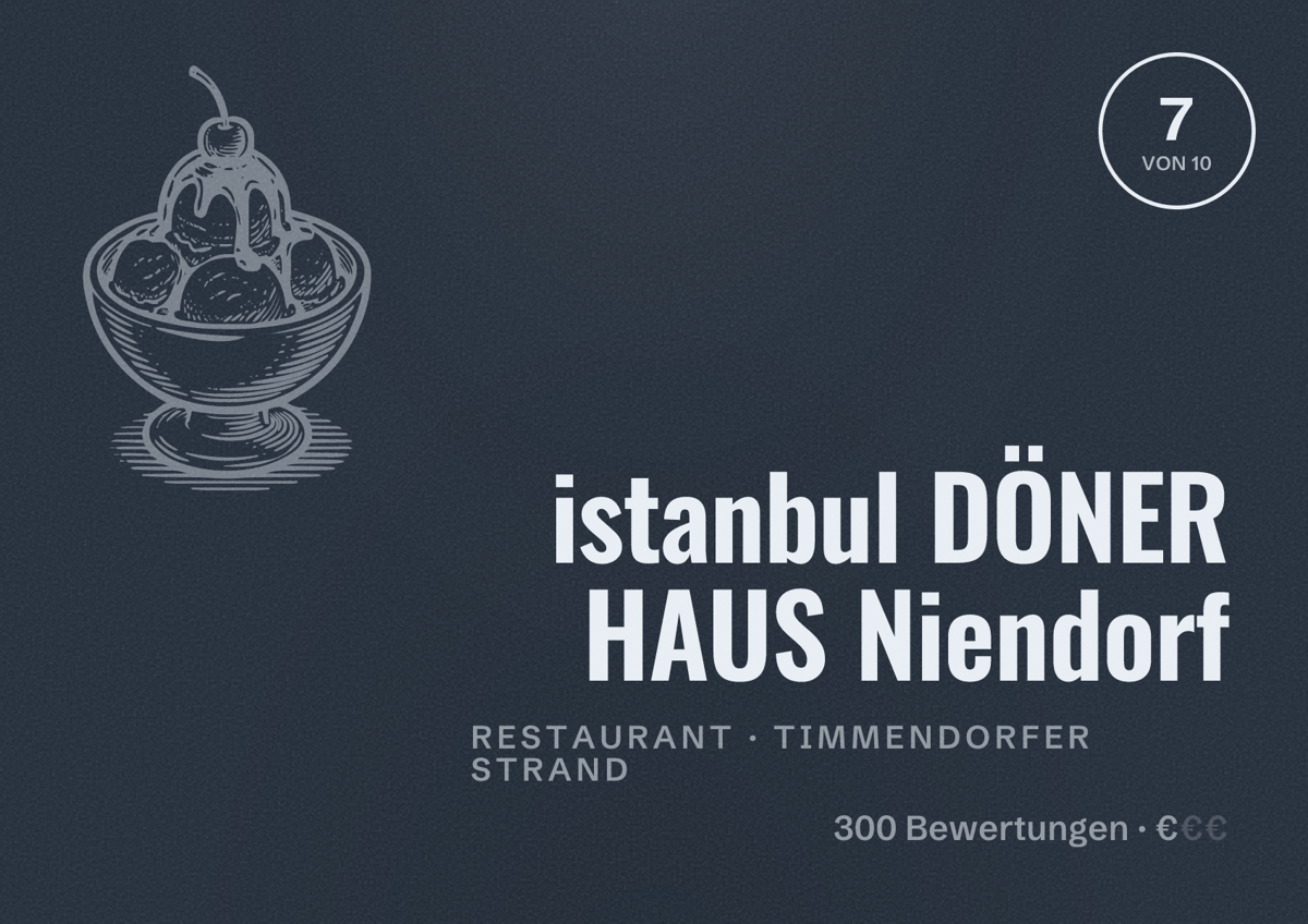 Illustriertes Poster von istanbul DÖNER HAUS Niendorf, Restaurant in Timmendorfer Strand: Bewertung 7 von 10 aus 300 Bewertungen, Preisniveau €