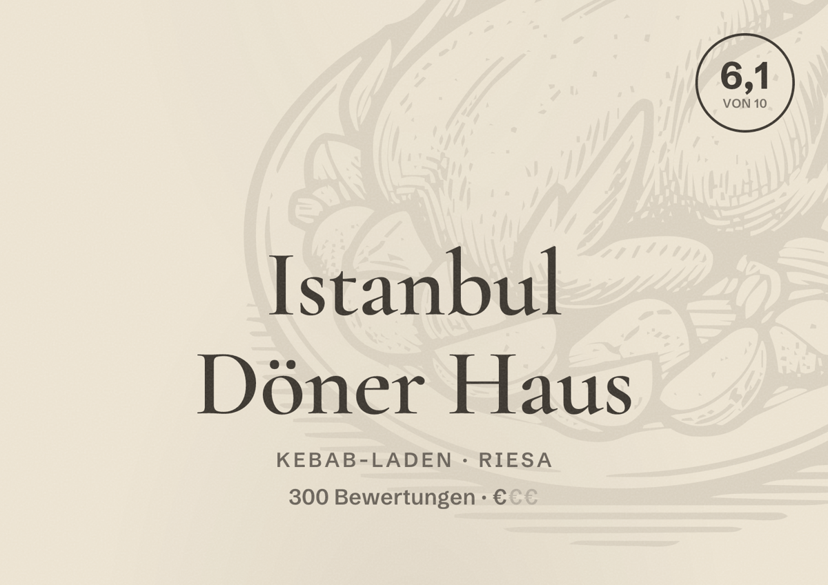 Illustriertes Poster von Istanbul Döner Haus, Kebab-Laden in Riesa: Bewertung 6,1 von 10 aus 300 Bewertungen, Preisniveau €