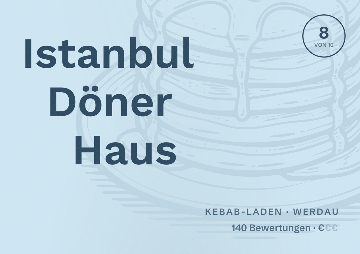 Illustriertes Poster von Istanbul Döner Haus, Kebab-Laden in Werdau: Bewertung 8 von 10 aus 140 Bewertungen, Preisniveau €