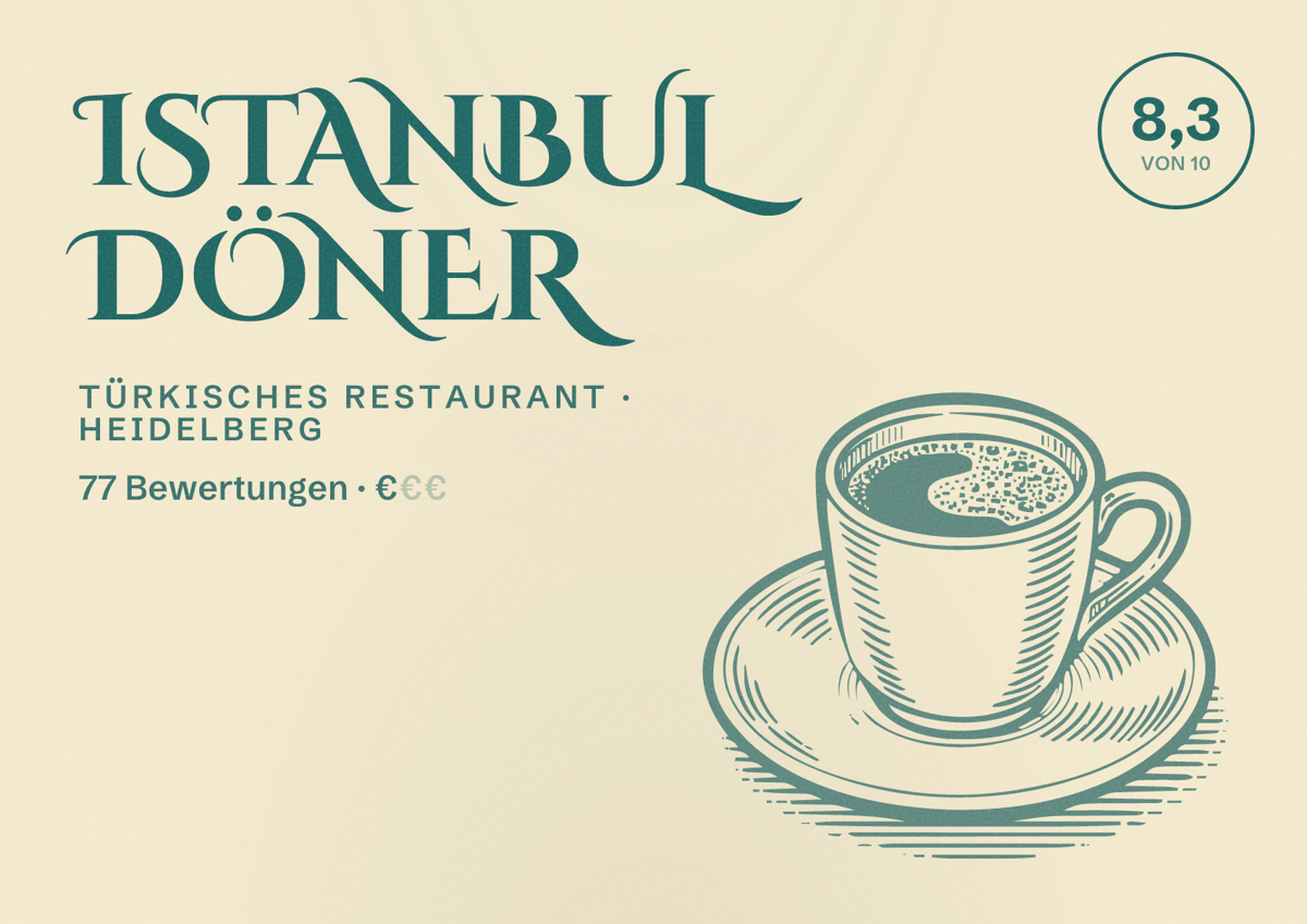 Illustriertes Poster von Istanbul Döner, Türkisches Restaurant in Heidelberg: Bewertung 8,3 von 10 aus 77 Bewertungen, Preisniveau €
