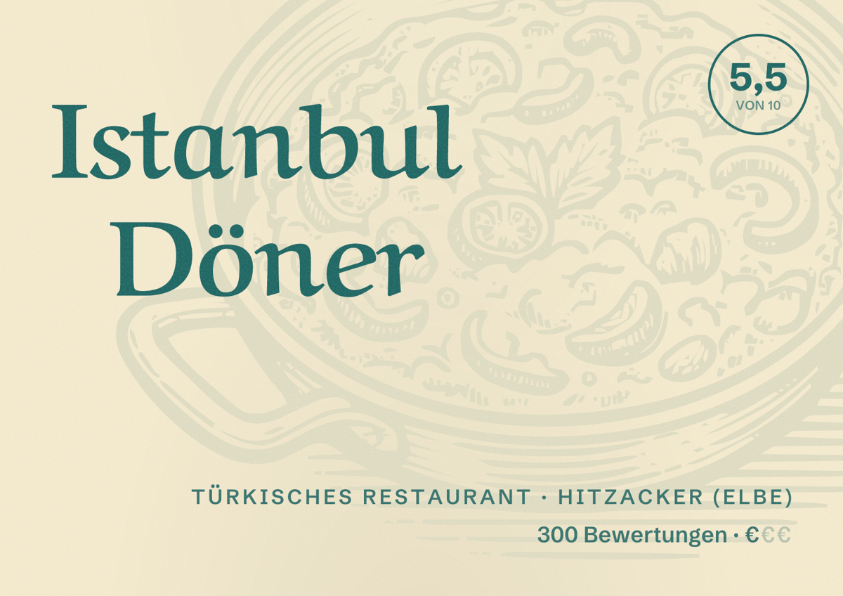 Illustriertes Poster von Istanbul Döner, Türkisches Restaurant in Hitzacker (Elbe): Bewertung 5,5 von 10 aus 300 Bewertungen, Preisniveau €