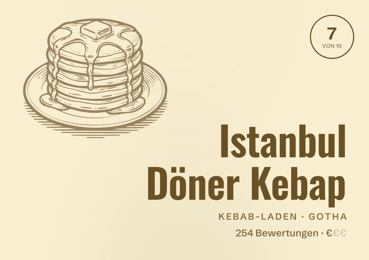 Illustriertes Poster von Istanbul Döner Kebap, Kebab-Laden in Gotha: Bewertung 7 von 10 aus 254 Bewertungen, Preisniveau €