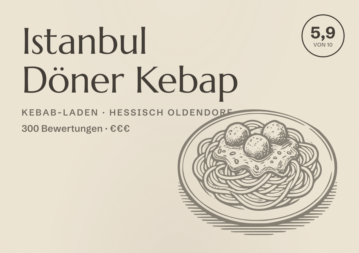 Illustriertes Poster von Istanbul Döner Kebap, Kebab-Laden in Hessisch Oldendorf: Bewertung 5,9 von 10 aus 300 Bewertungen, Preisniveau €€€
