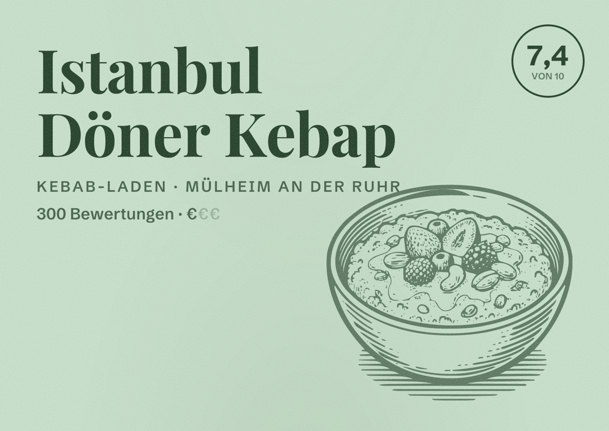 Illustriertes Poster von Istanbul Döner Kebap, Kebab-Laden in Mülheim an der Ruhr: Bewertung 7,4 von 10 aus 300 Bewertungen, Preisniveau €