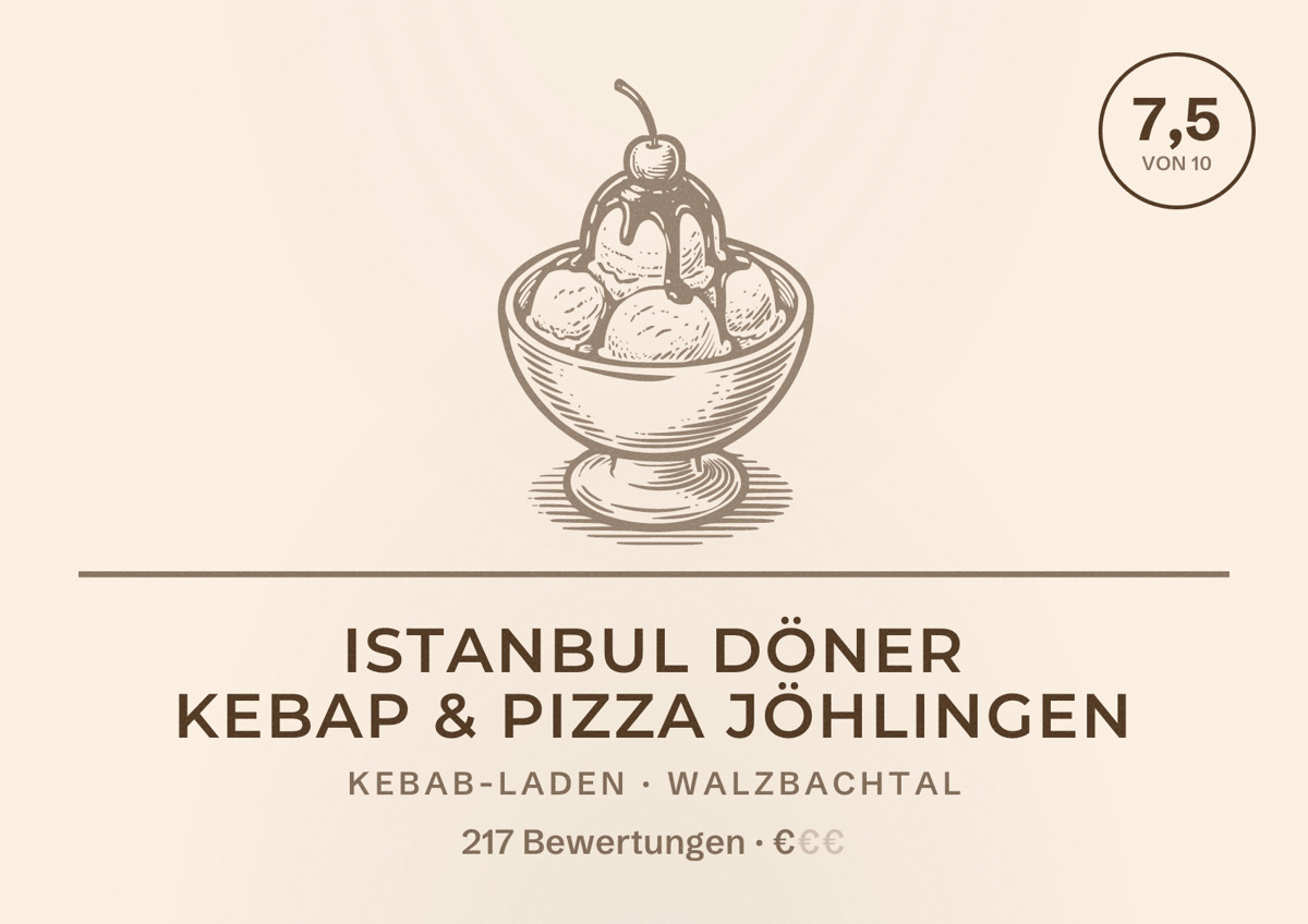 Illustriertes Poster von Istanbul Döner Kebap & Pizza Jöhlingen, Kebab-Laden in Walzbachtal: Bewertung 7,5 von 10 aus 217 Bewertungen, Preisniveau €