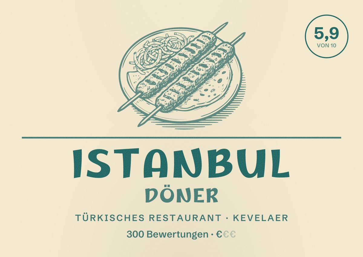 Illustriertes Poster von Istanbul Döner, Türkisches Restaurant in Kevelaer: Bewertung 5,9 von 10 aus 300 Bewertungen, Preisniveau €