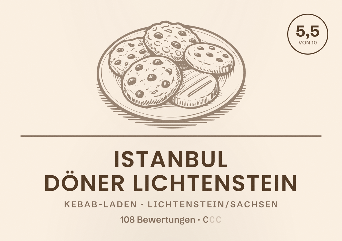 Illustriertes Poster von istanbul döner lichtenstein, Kebab-Laden in Lichtenstein/Sachsen: Bewertung 5,5 von 10 aus 108 Bewertungen, Preisniveau €