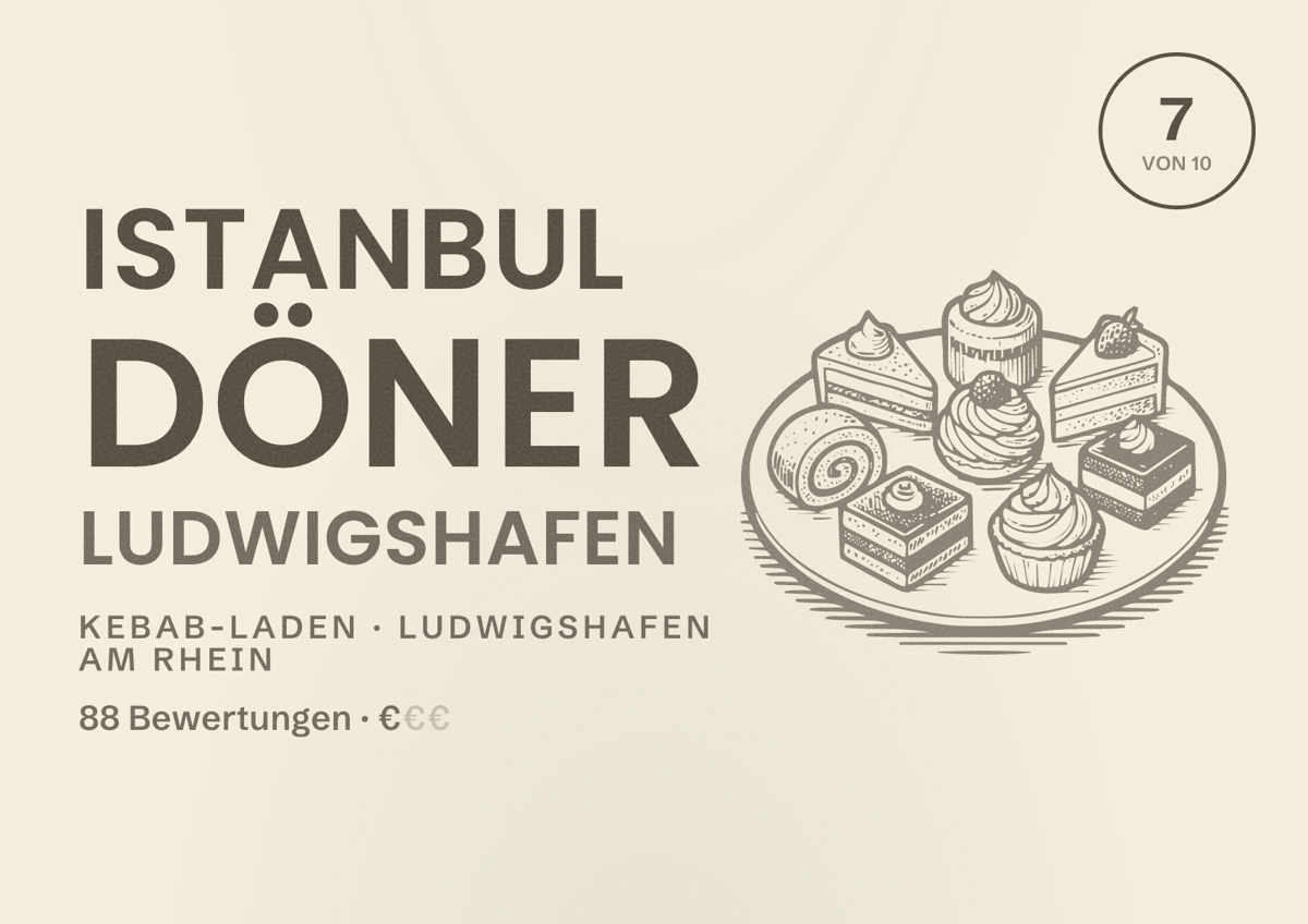 Illustriertes Poster von Istanbul Döner Ludwigshafen, Kebab-Laden in Ludwigshafen am Rhein: Bewertung 7 von 10 aus 88 Bewertungen, Preisniveau €