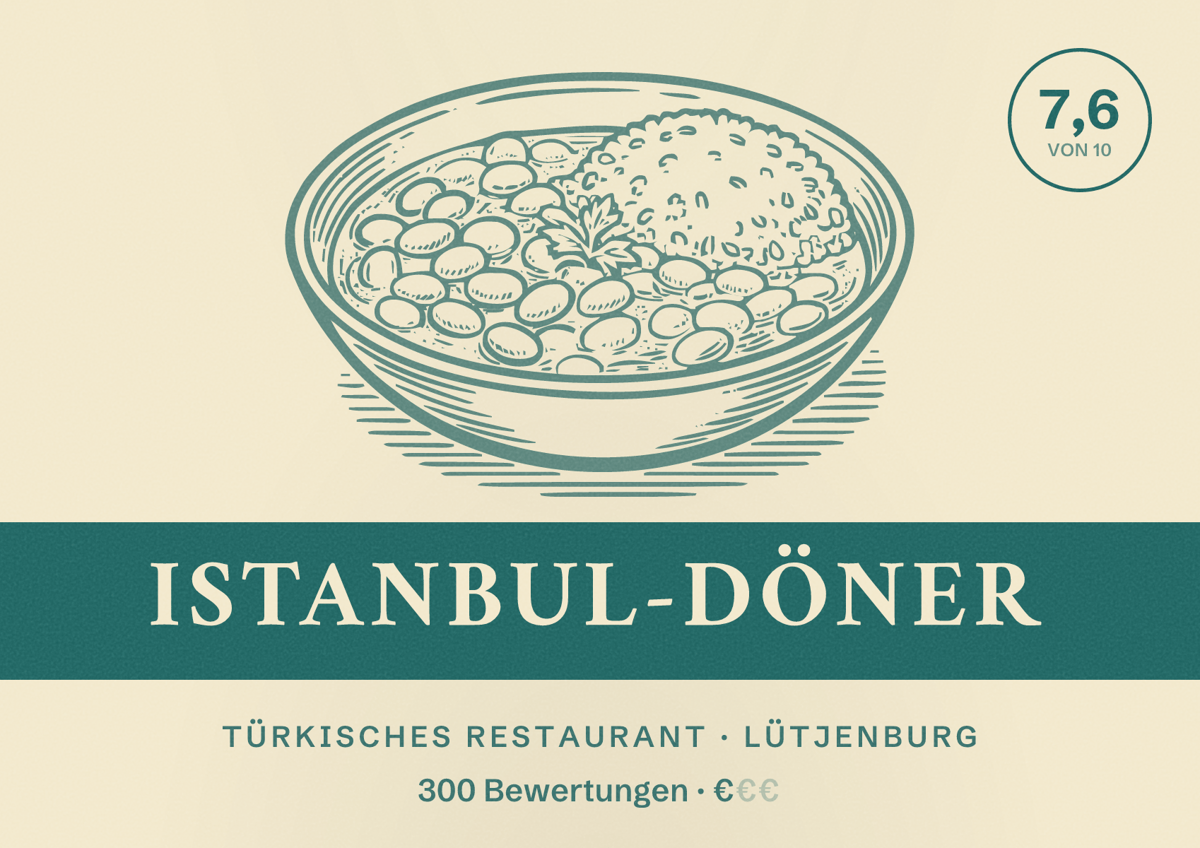 Illustriertes Poster von Istanbul-Döner, Türkisches Restaurant in Lütjenburg: Bewertung 7,6 von 10 aus 300 Bewertungen, Preisniveau €