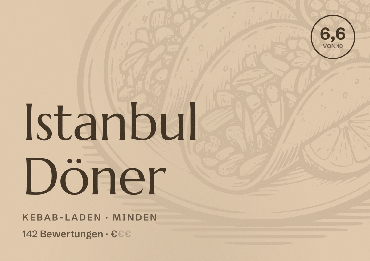 Illustriertes Poster von Istanbul Döner, Kebab-Laden in Minden: Bewertung 6,6 von 10 aus 142 Bewertungen, Preisniveau €