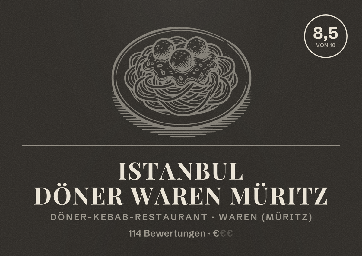 Illustriertes Poster von Istanbul Döner Waren Müritz, Döner-Kebab-Restaurant in Waren (Müritz): Bewertung 8,5 von 10 aus 114 Bewertungen, Preisniveau €