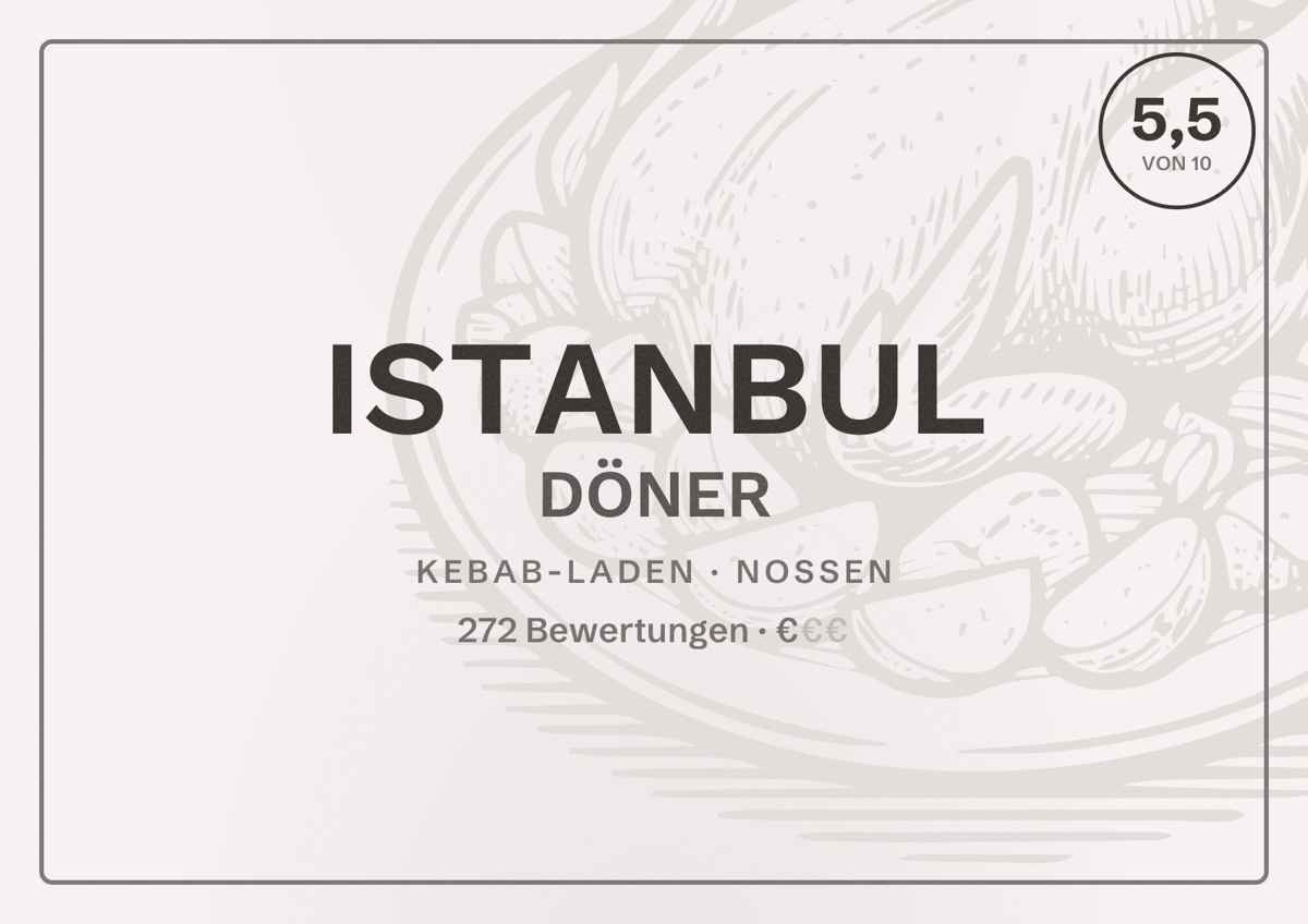 Illustriertes Poster von ISTANBUL DÖNER, Kebab-Laden in Nossen: Bewertung 5,5 von 10 aus 272 Bewertungen, Preisniveau €