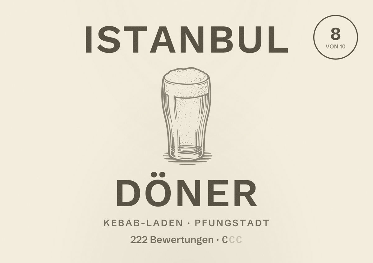 Illustriertes Poster von Istanbul Döner, Kebab-Laden in Pfungstadt: Bewertung 8 von 10 aus 222 Bewertungen, Preisniveau €