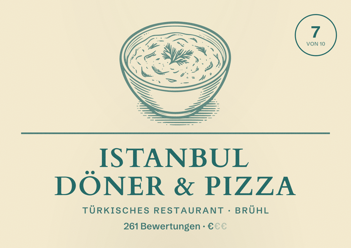 Illustriertes Poster von Istanbul Döner & Pizza, Türkisches Restaurant in Brühl: Bewertung 7 von 10 aus 261 Bewertungen, Preisniveau €