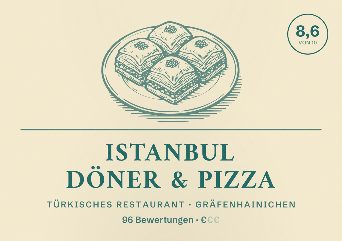 Illustriertes Poster von Istanbul Döner & Pizza, Türkisches Restaurant in Gräfenhainichen: Bewertung 8,6 von 10 aus 96 Bewertungen, Preisniveau €