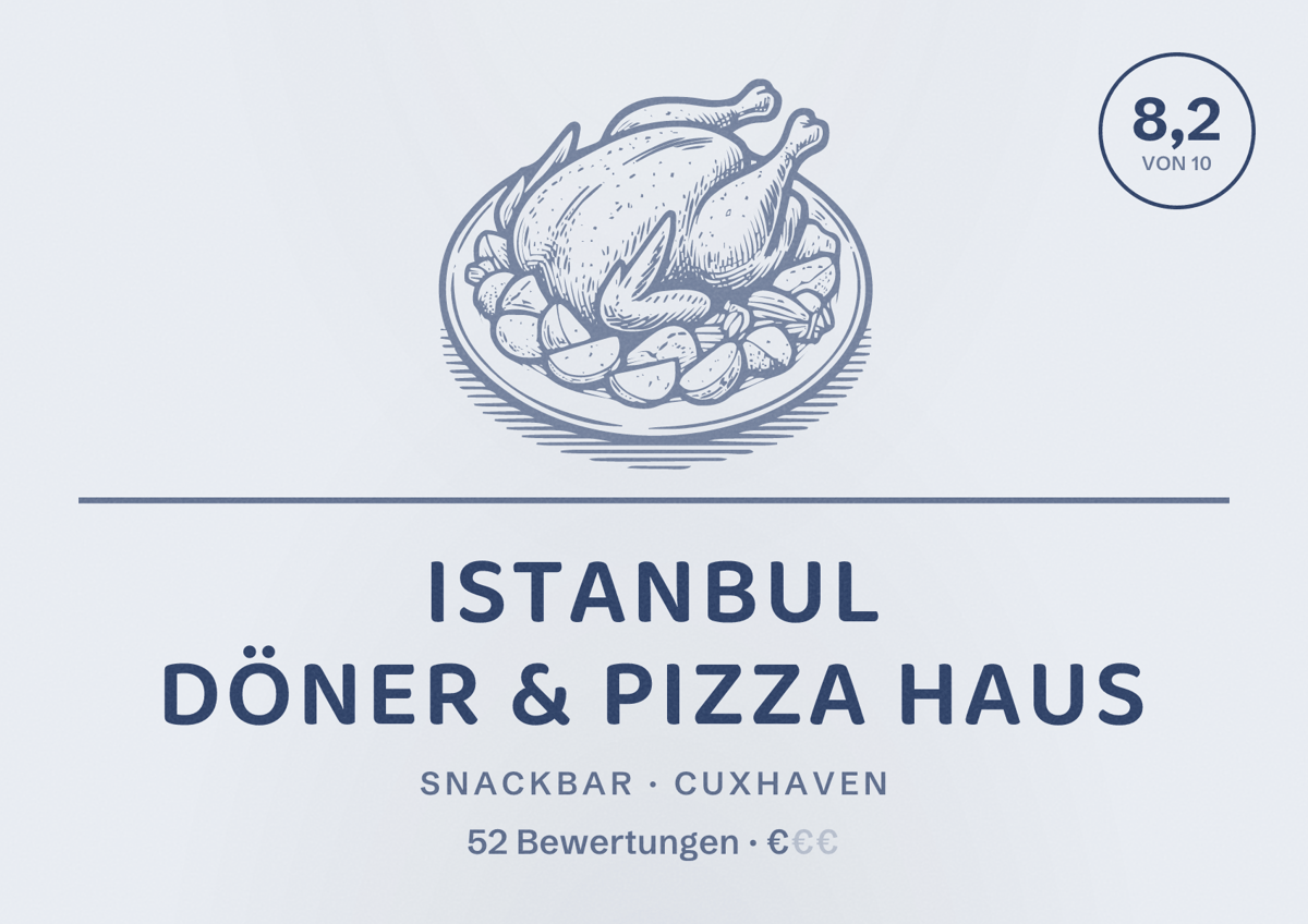 Illustriertes Poster von Istanbul Döner & Pizza Haus, Snackbar in Cuxhaven: Bewertung 8,2 von 10 aus 52 Bewertungen, Preisniveau €