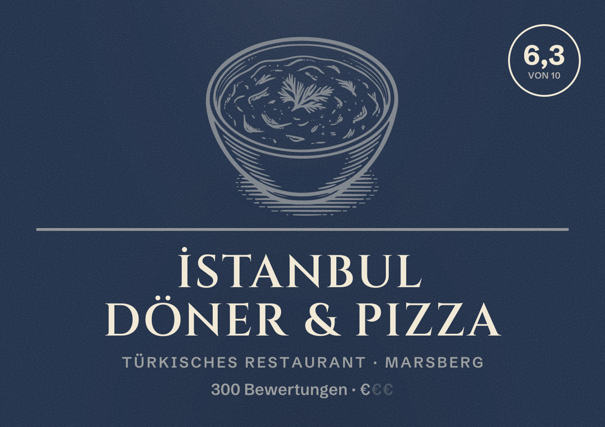Illustriertes Poster von İstanbul Döner & Pizza, Türkisches Restaurant in Marsberg: Bewertung 6,3 von 10 aus 300 Bewertungen, Preisniveau €
