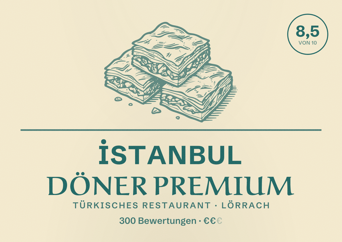Illustriertes Poster von İstanbul Döner Premium, Türkisches Restaurant in Lörrach: Bewertung 8,5 von 10 aus 300 Bewertungen, Preisniveau €€