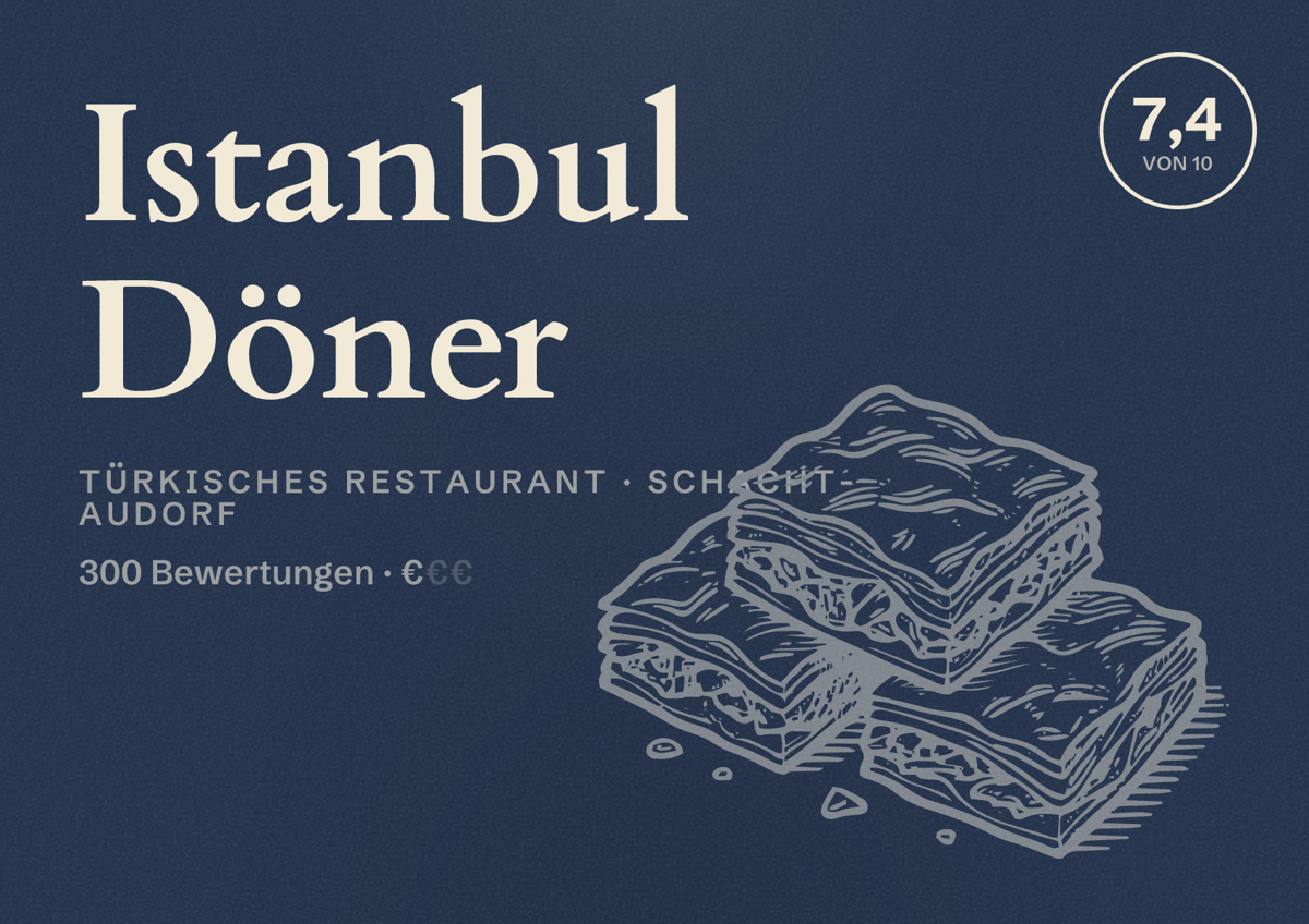 Illustriertes Poster von Istanbul Döner, Türkisches Restaurant in Schacht-Audorf: Bewertung 7,4 von 10 aus 300 Bewertungen, Preisniveau €