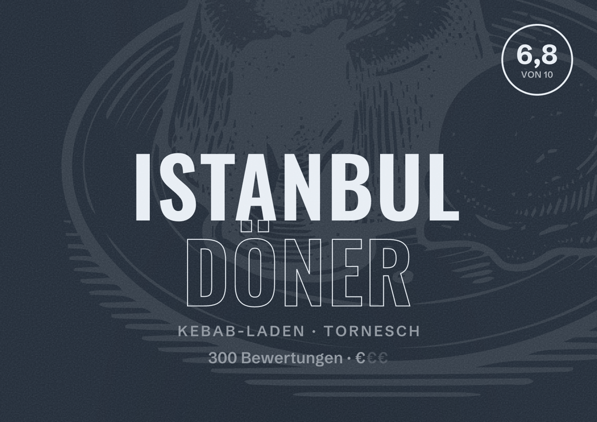 Illustriertes Poster von Istanbul Döner, Kebab-Laden in Tornesch: Bewertung 6,8 von 10 aus 300 Bewertungen, Preisniveau €