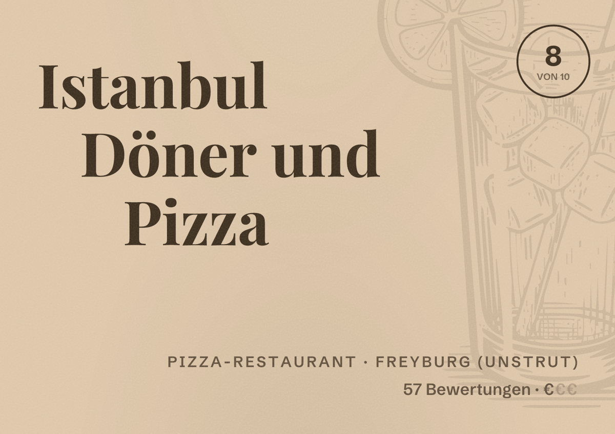 Illustriertes Poster von Istanbul Döner und Pizza, Pizza-Restaurant in Freyburg (Unstrut): Bewertung 8 von 10 aus 57 Bewertungen, Preisniveau €