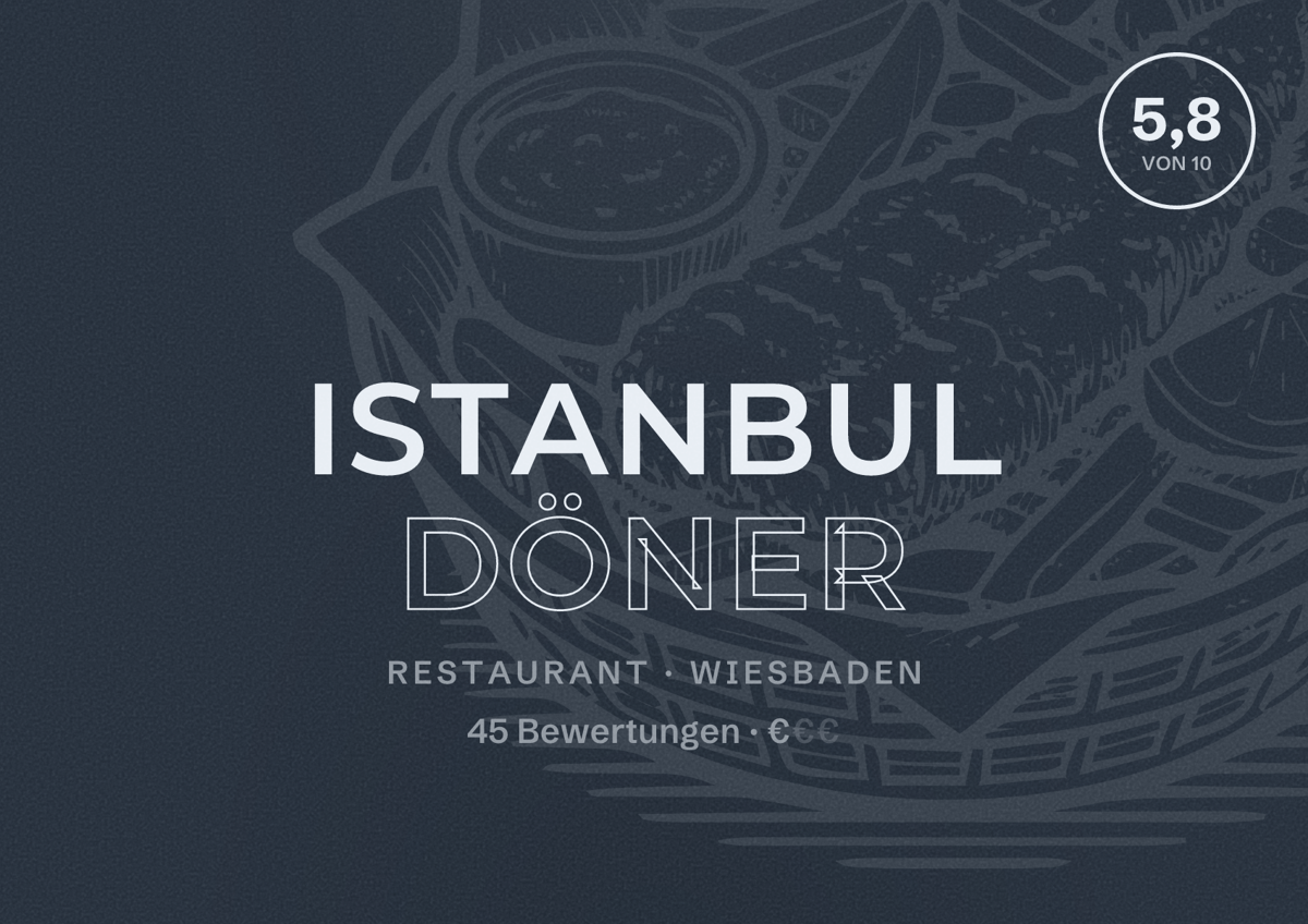 Illustriertes Poster von Istanbul Döner, Restaurant in Wiesbaden: Bewertung 5,8 von 10 aus 45 Bewertungen, Preisniveau €