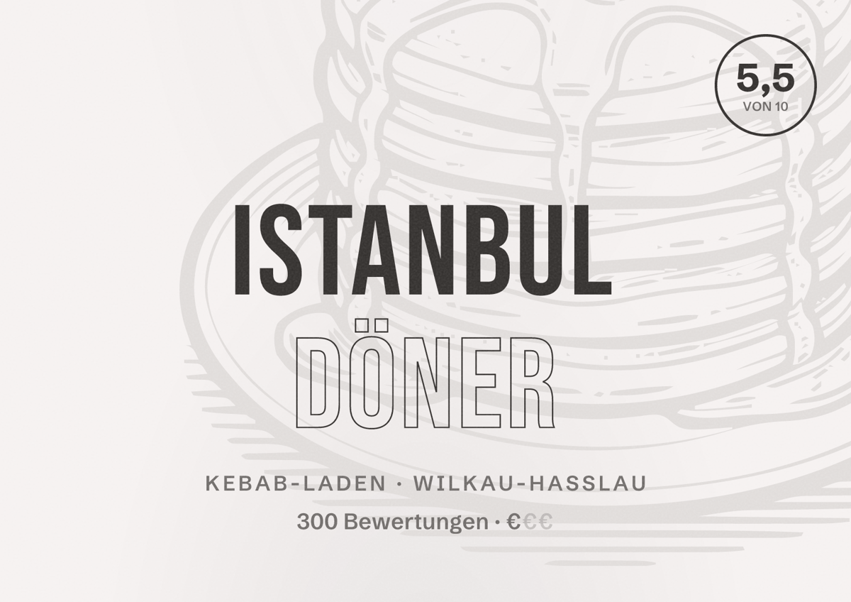 Illustriertes Poster von Istanbul Döner, Kebab-Laden in Wilkau-Haßlau: Bewertung 5,5 von 10 aus 300 Bewertungen, Preisniveau €