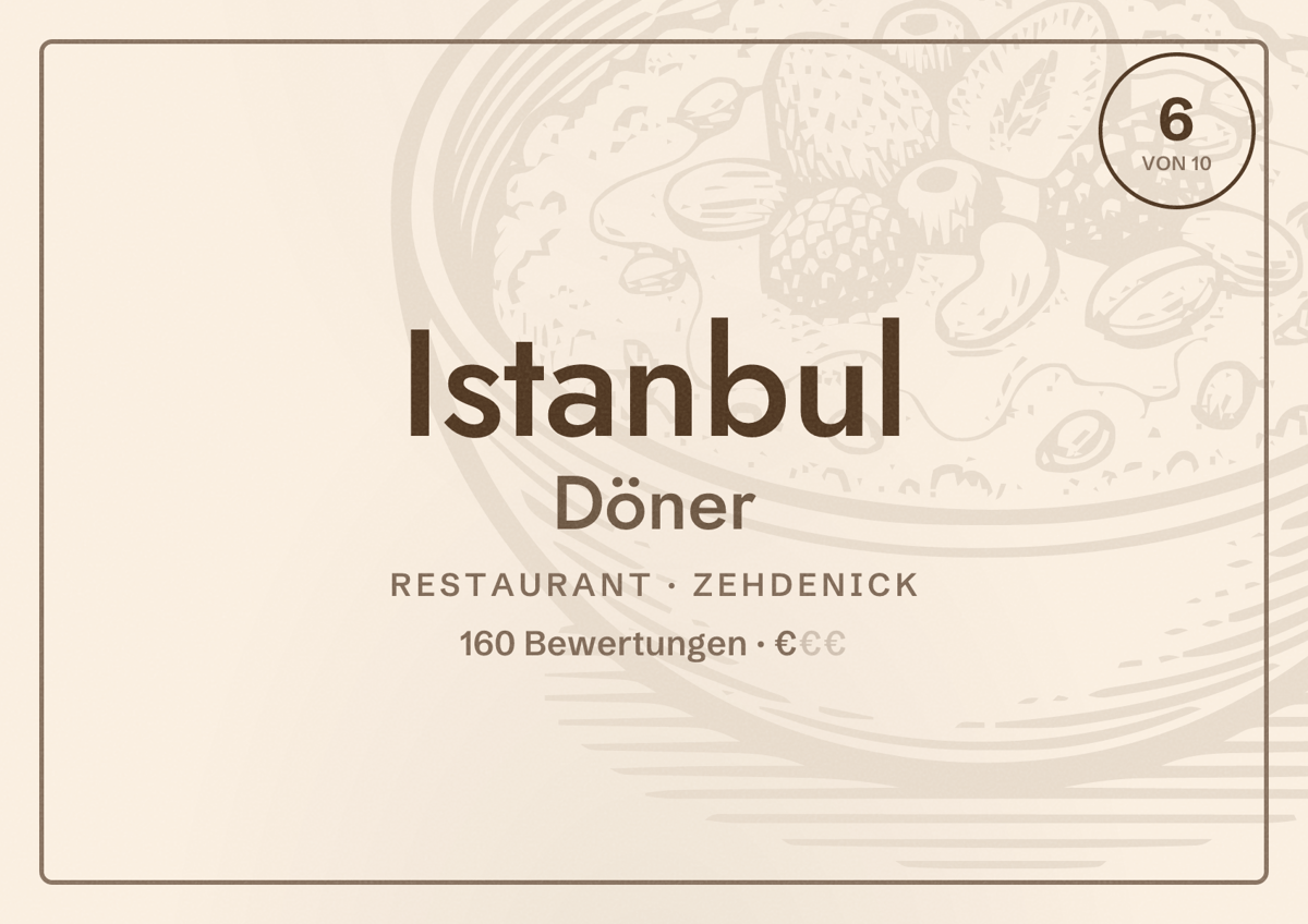 Illustriertes Poster von Istanbul Döner, Restaurant in Zehdenick: Bewertung 6 von 10 aus 160 Bewertungen, Preisniveau €