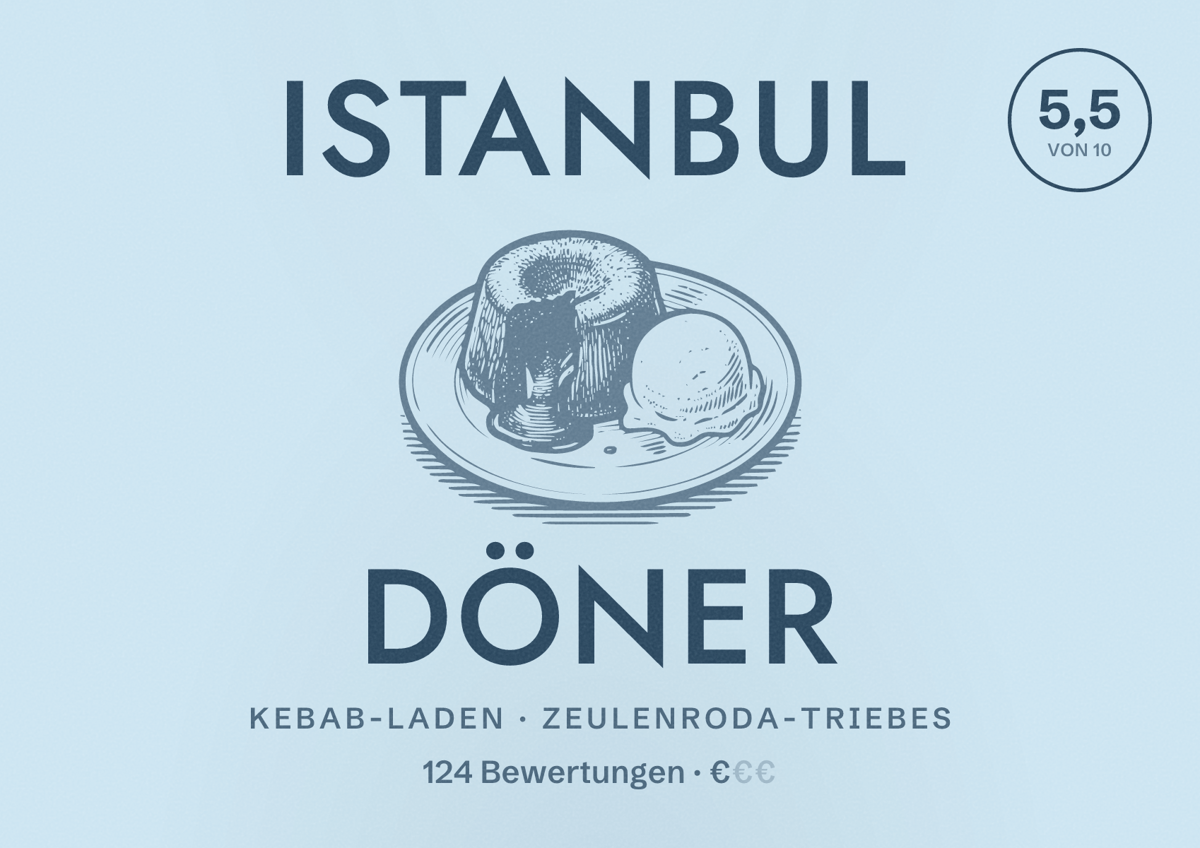 Illustriertes Poster von Istanbul Döner, Kebab-Laden in Zeulenroda-Triebes: Bewertung 5,5 von 10 aus 124 Bewertungen, Preisniveau €