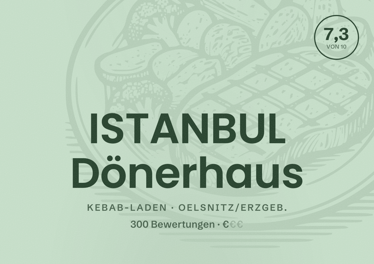 Illustriertes Poster von ISTANBUL Dönerhaus, Kebab-Laden in Oelsnitz/Erzgeb.: Bewertung 7,3 von 10 aus 300 Bewertungen, Preisniveau €