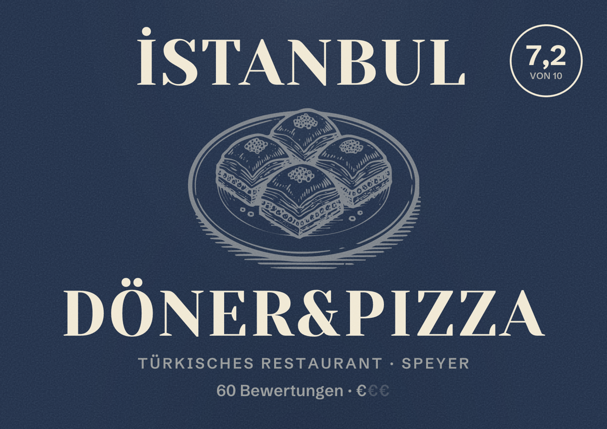 Illustriertes Poster von İstanbul Döner&Pizza, Türkisches Restaurant in Speyer: Bewertung 7,2 von 10 aus 60 Bewertungen, Preisniveau €