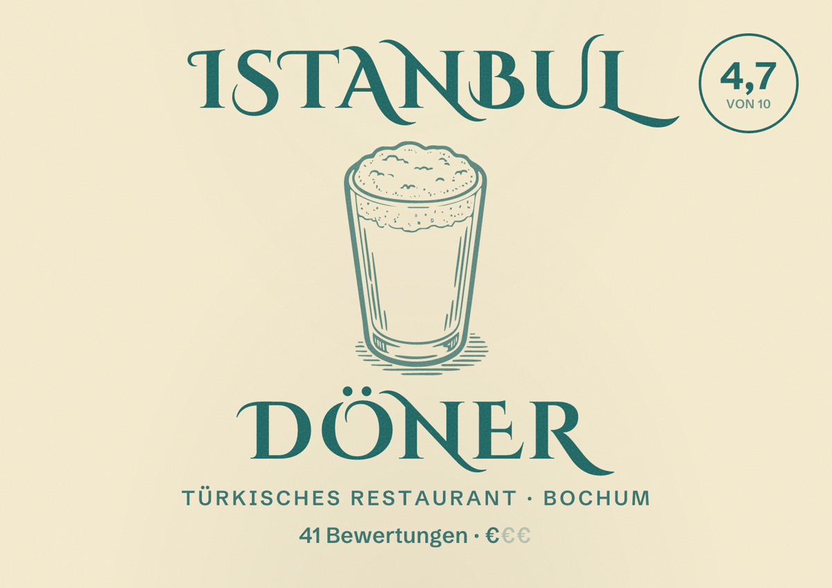 Illustriertes Poster von Istanbul Döner, Türkisches Restaurant in Bochum: Bewertung 4,7 von 10 aus 41 Bewertungen, Preisniveau €