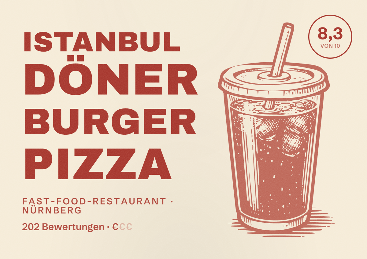 Illustriertes Poster von Istanbul Döner Burger Pizza, Fast-Food-Restaurant in Nürnberg: Bewertung 8,3 von 10 aus 202 Bewertungen, Preisniveau €