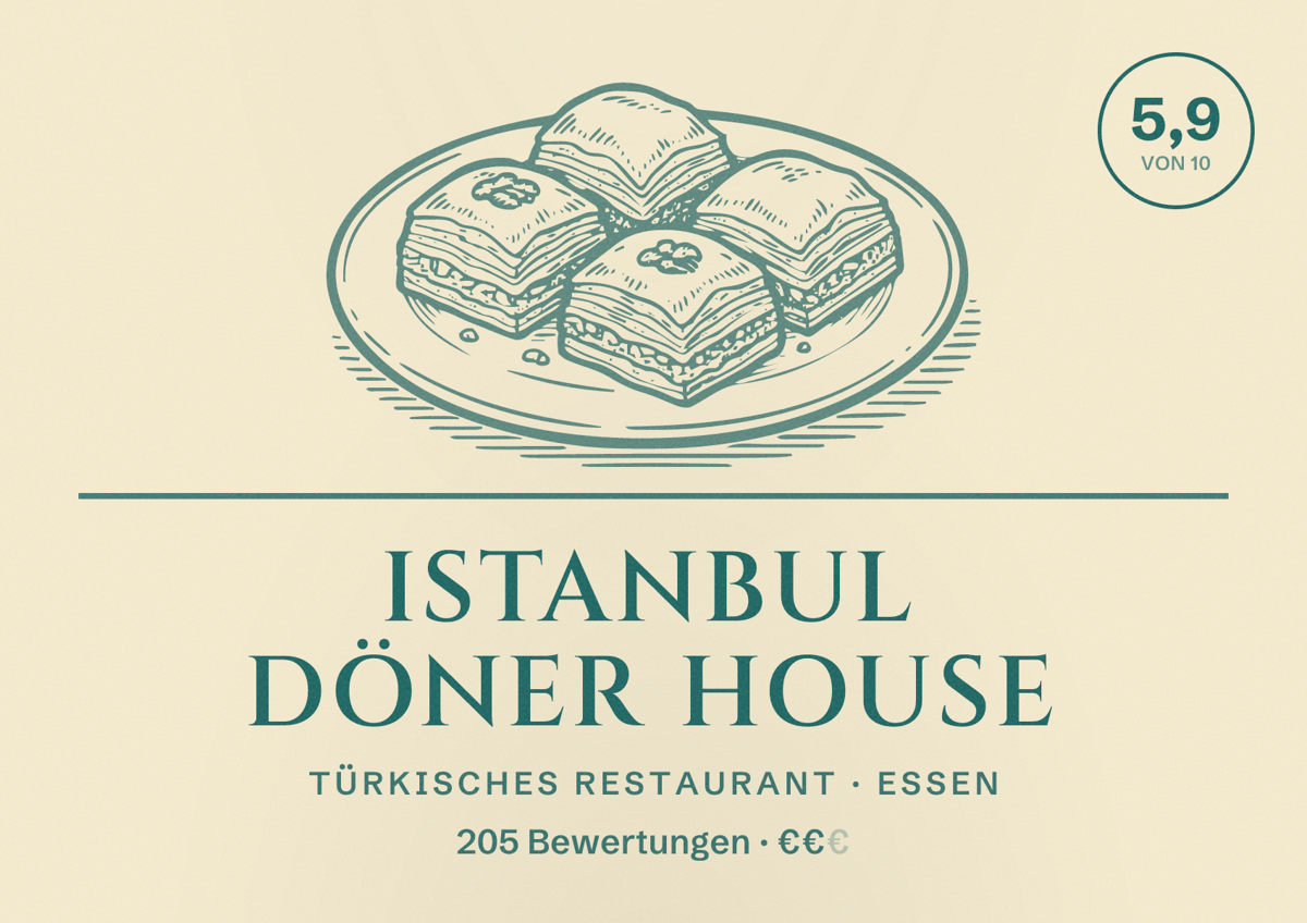 Illustriertes Poster von Istanbul Döner House, Türkisches Restaurant in Essen: Bewertung 5,9 von 10 aus 205 Bewertungen, Preisniveau €€