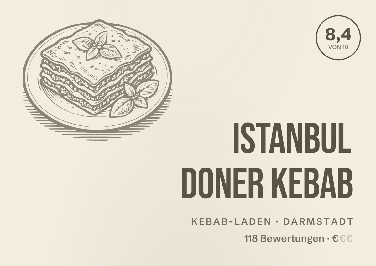 Illustriertes Poster von Istanbul Doner Kebab, Kebab-Laden in Darmstadt: Bewertung 8,4 von 10 aus 118 Bewertungen, Preisniveau €