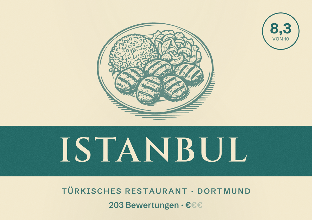 Illustriertes Poster von Istanbul, Türkisches Restaurant in Dortmund: Bewertung 8,3 von 10 aus 203 Bewertungen, Preisniveau €