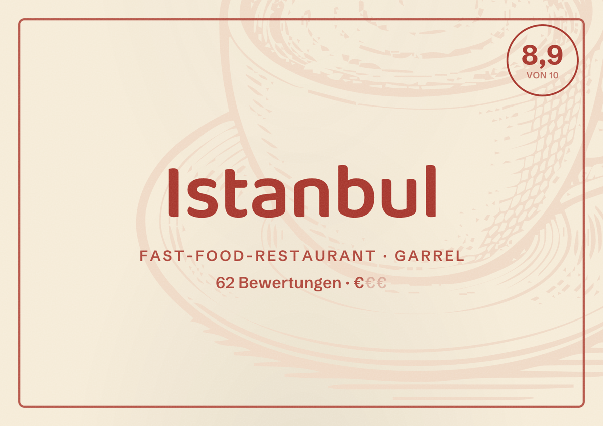 Illustriertes Poster von Istanbul, Fast-Food-Restaurant in Garrel: Bewertung 8,9 von 10 aus 62 Bewertungen, Preisniveau €