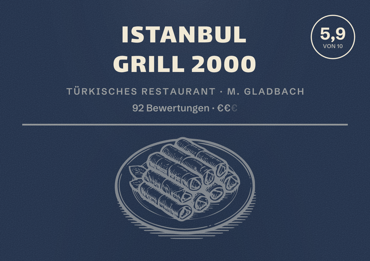 Illustriertes Poster von Istanbul Grill 2000, Türkisches Restaurant in M. Gladbach: Bewertung 5,9 von 10 aus 92 Bewertungen, Preisniveau €€