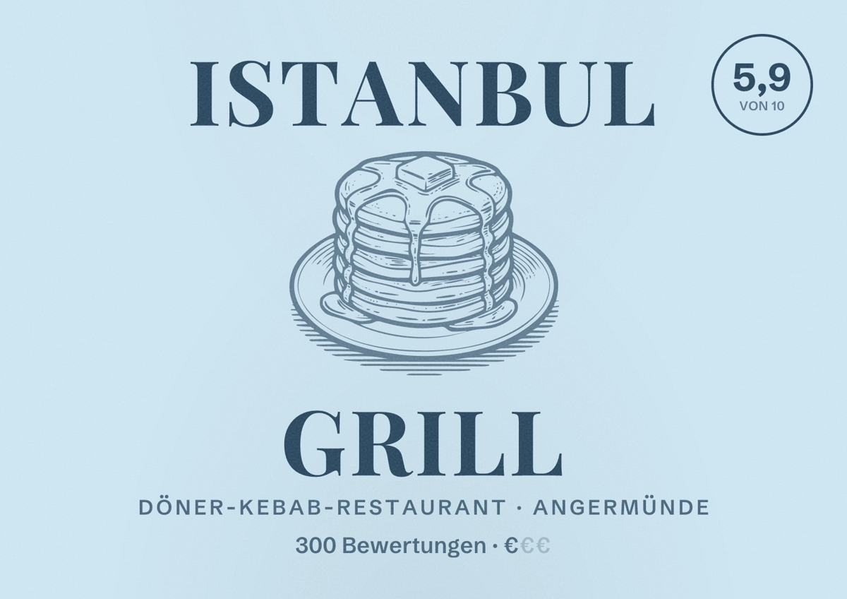Illustriertes Poster von Istanbul Grill, Döner-Kebab-Restaurant in Angermünde: Bewertung 5,9 von 10 aus 300 Bewertungen, Preisniveau €