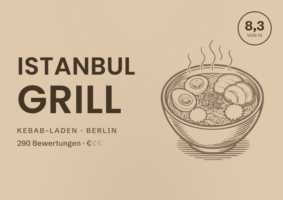 Illustriertes Poster von Istanbul Grill, Kebab-Laden in Berlin: Bewertung 8,3 von 10 aus 290 Bewertungen, Preisniveau €