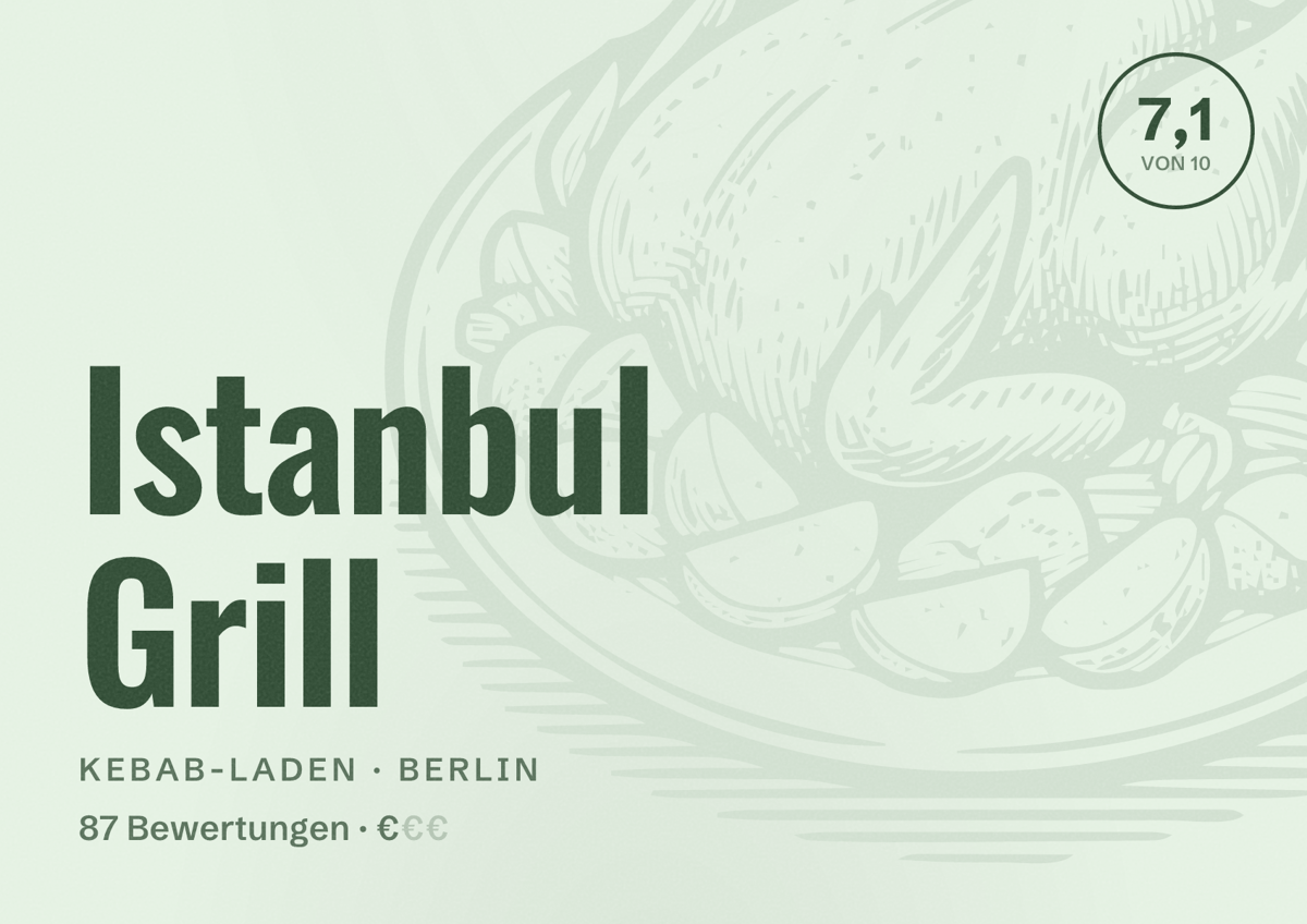Illustriertes Poster von Istanbul Grill, Kebab-Laden in Berlin: Bewertung 7,1 von 10 aus 87 Bewertungen, Preisniveau €