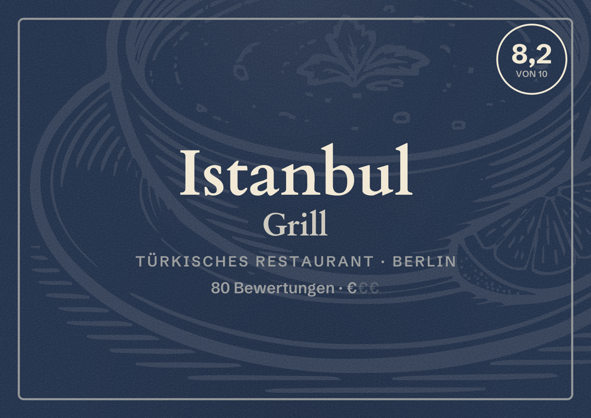 Illustriertes Poster von Istanbul Grill, Türkisches Restaurant in Berlin: Bewertung 8,2 von 10 aus 80 Bewertungen, Preisniveau €