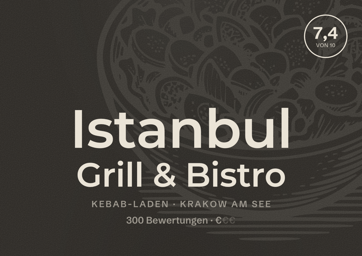 Illustriertes Poster von Istanbul Grill & Bistro, Kebab-Laden in Krakow am See: Bewertung 7,4 von 10 aus 300 Bewertungen, Preisniveau €